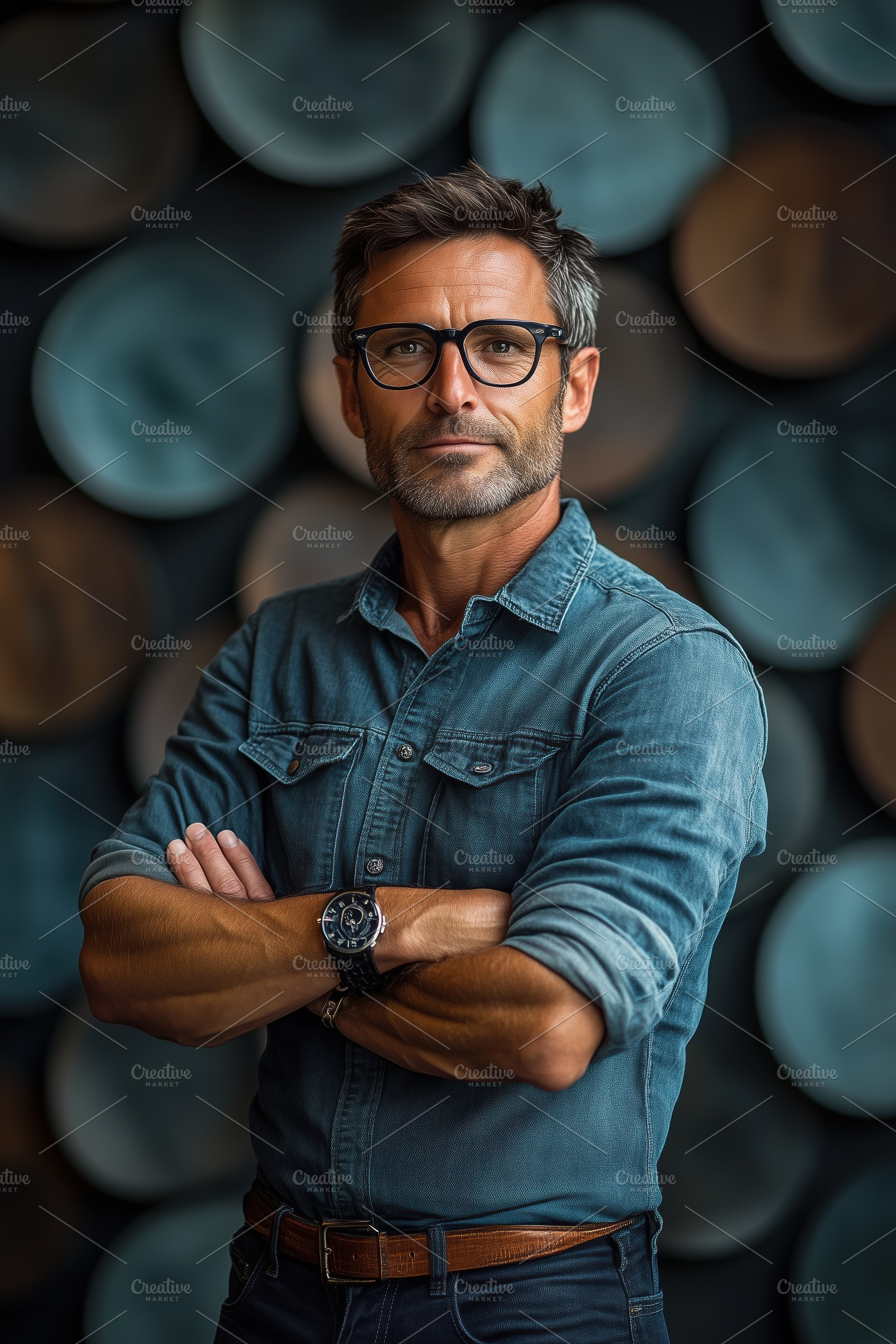 A confident middle-aged industrial designer man with glasses, wearing a denim s, a Person Photo by Textures & Backgrounds