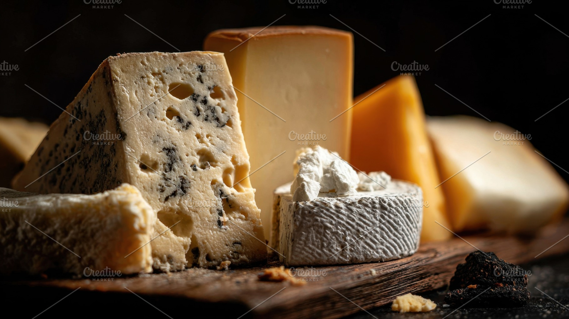 Cheese display on a wooden board, a Photo by Beautiful things
