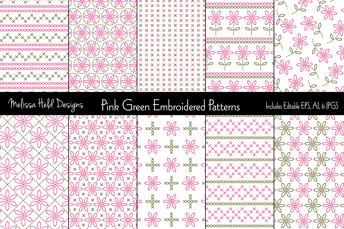Pink Green Embroidered Patterns