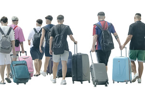 Young men walking with travel bags, a Person Photo by DanFLCreativo