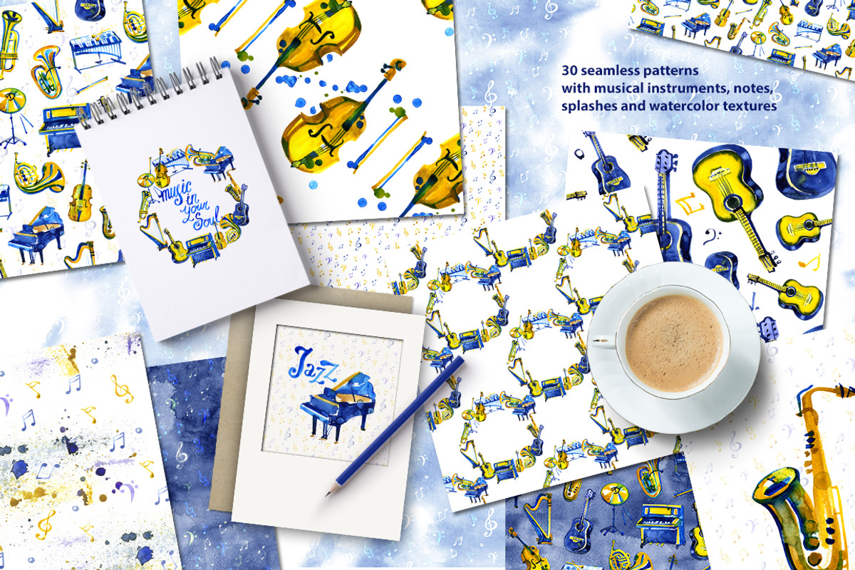 Watercolor musical patterns, a Pattern Graphic by NataliMiasStore (Photo 2 of 6)