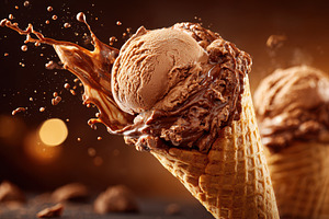 Chocolate ice cream cone with splash, a Food & Drink Photo by AlyaAnd