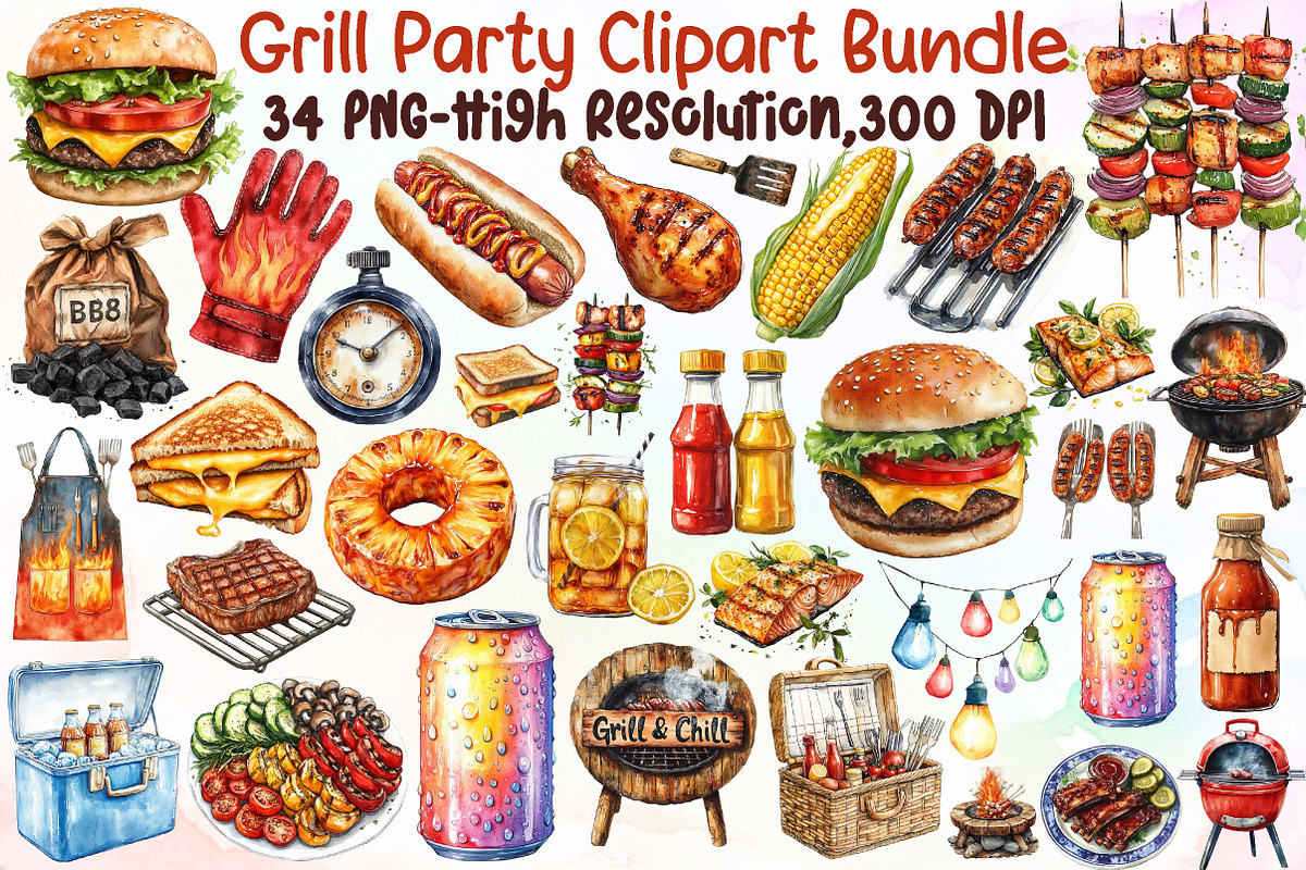 Watercolor Grill Party Clipart Bundl, an Illustration by Sublimation Artist (Photo 1 of 6)