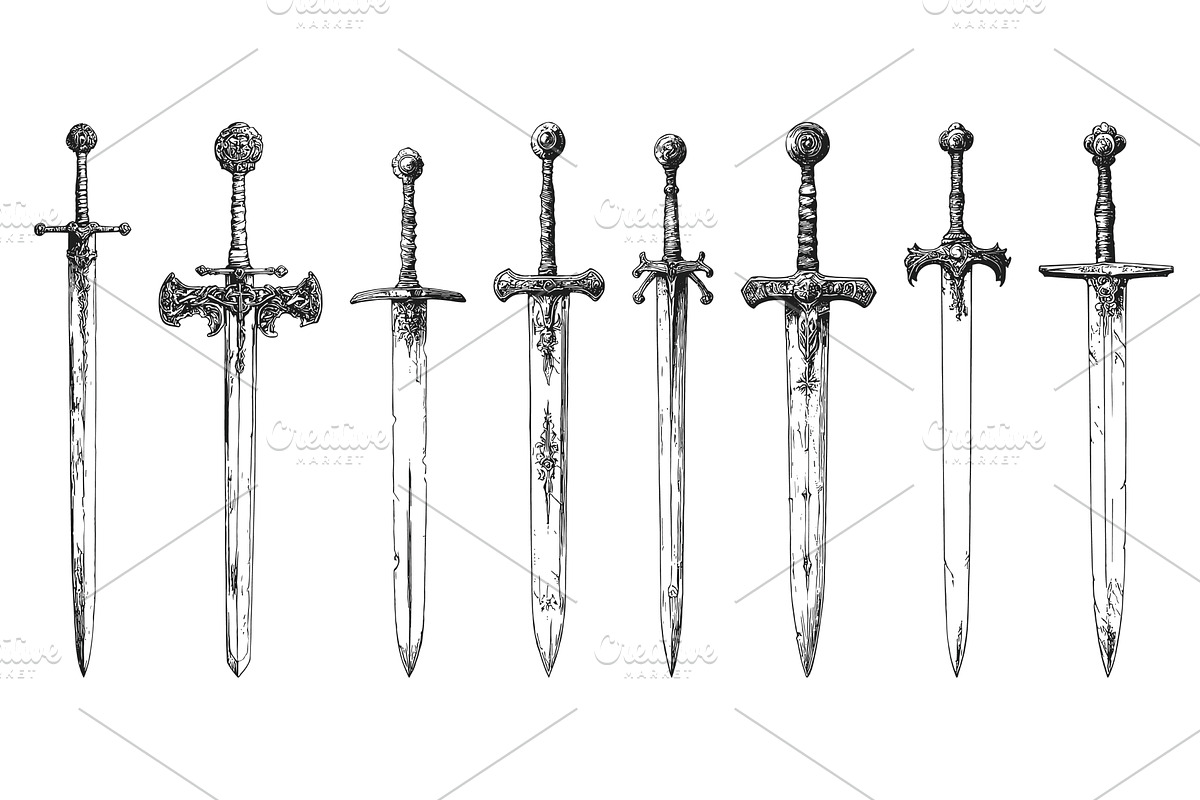 Knight Sword Set Ink Style Vector, an Object Illustration by LadadikArt