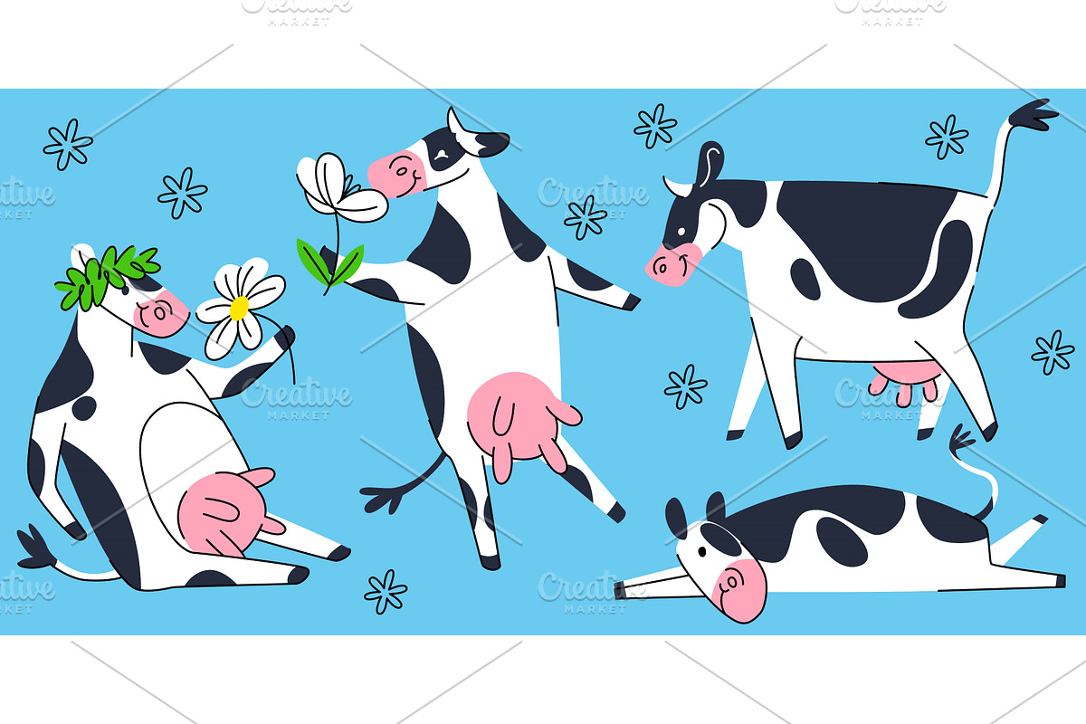 Cartoon adorable cow mascot set, an Animal Illustration by art PVP - market