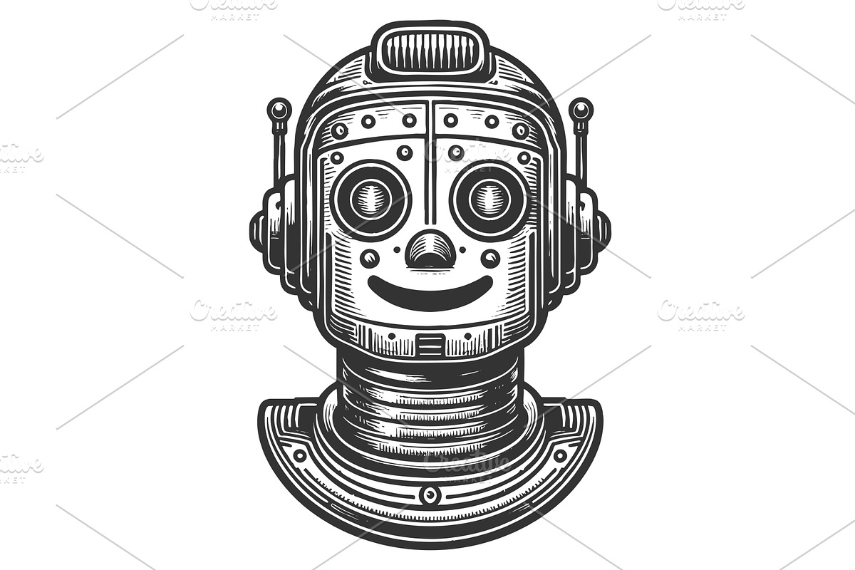 Smiling Retro Robot engraving vector, a Technology Illustration by AlexArt