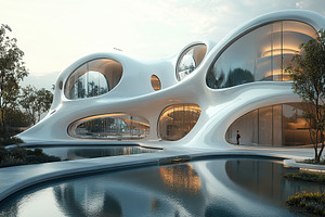 Beautiful futuristic facade of house building, an Architecture Photo by AlyaAnd