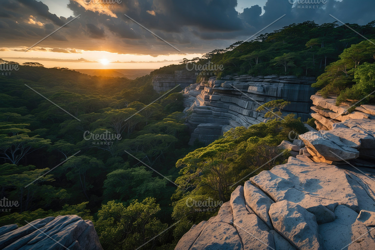 Layered plateau rock catching sunset, an Illustration by wavebreak