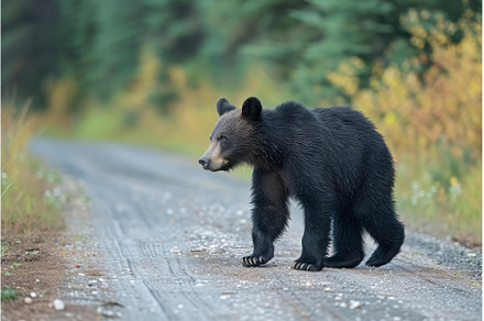 Ethereal Bear cub road in fog, an Animal Photo by Ylivdesign