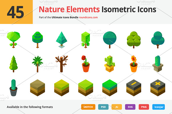 45 Nature Elements Isometric Icons
