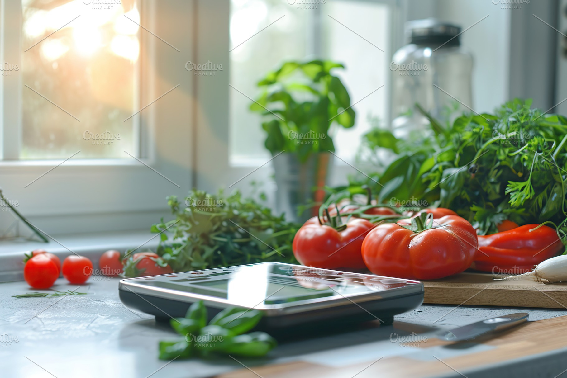 Modern kitchen scales with fresh vegetables, a Food & Drink Photo by AlyaAnd