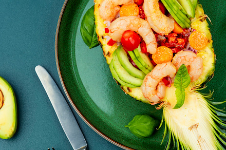 Shrimps salad in a pineapple, a Food & Drink Photo by MLunov MLunov