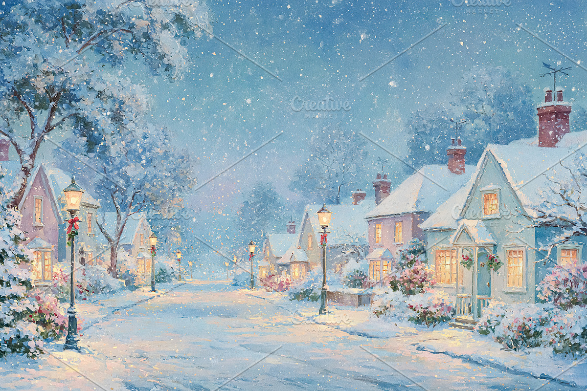 Winter wonderland village painting with cozy houses and falling, an Illustration by Studio ANNA