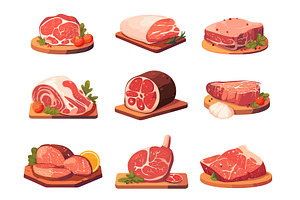 cartoon set of meat products on, a Food Illustration by LadadikArt