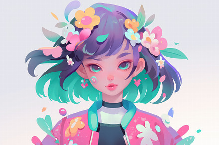 A vibrant digital illustration of a girl with colorful hair adorned with flower, an Arts & Entertainment Photo by Textures & Backgrounds