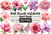 Pink Flowers Watercolor Clipart, an Illustration by Black Bird Studio (Thumbnail 1 of 6)