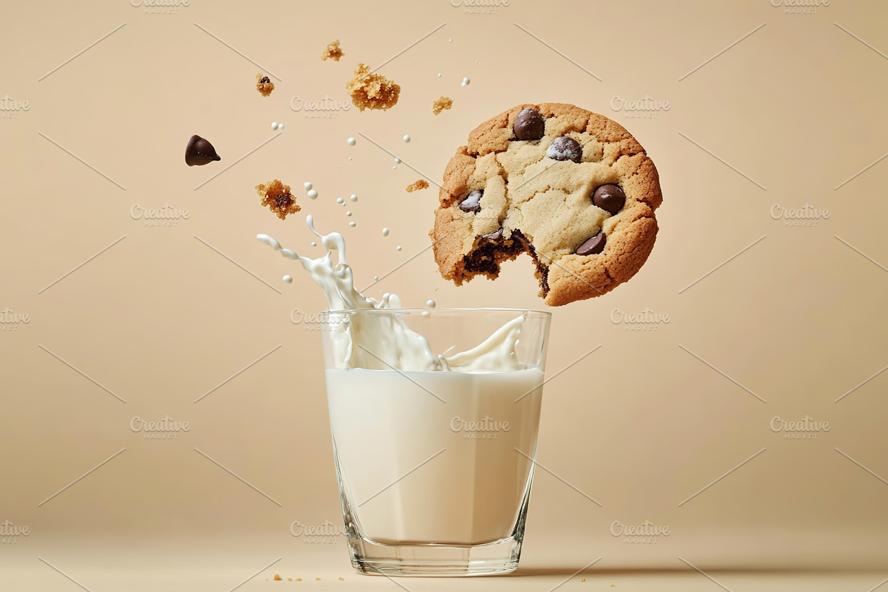 Chocolate cookie falling into glass with white milk, a Food & Drink Photo by AlyaAnd