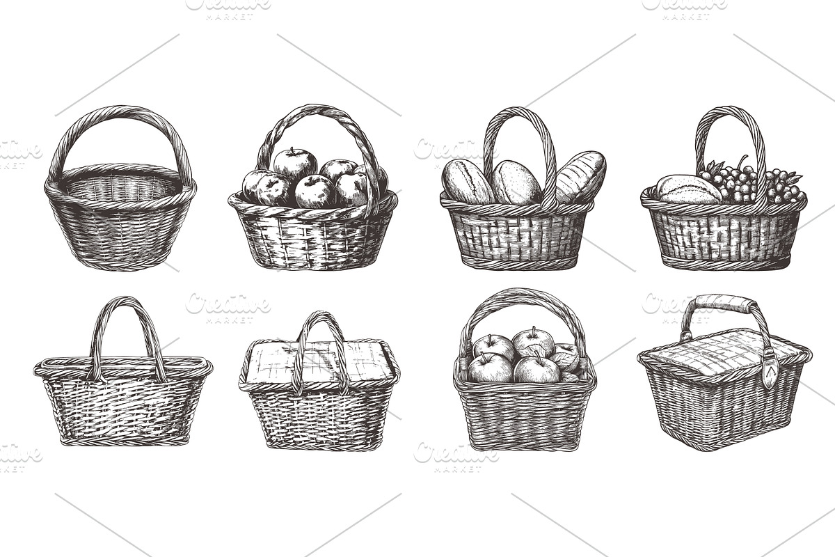 wicker baskets empy and with food, an Object Illustration by Stock-Smart-Start