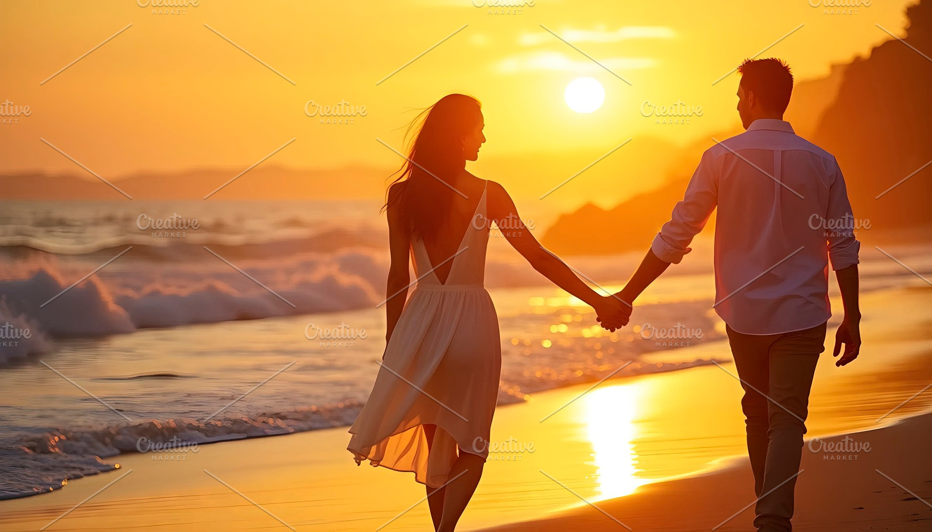 Romantic couple walking hand in hand, a Photo by LOGOCREATIVE