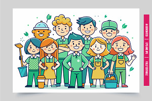 Eight cartoon cleaners group, an Illustration by Tanuart