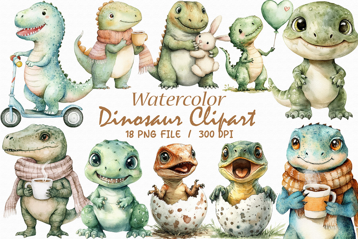 Watercolor Dinosaur Clipart, an Illustration by Libby Wishes (Photo 1 of 9)