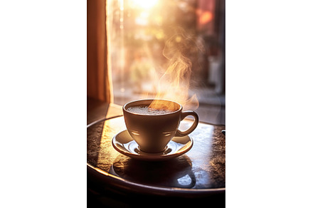 steaming cup of coffee with morning, a Food & Drink Photo by Sergey Kotenev
