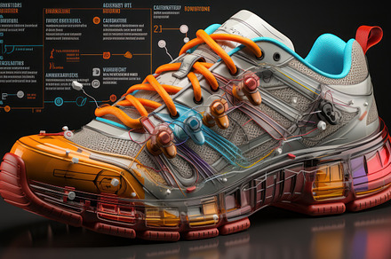 3d illustration of sneakers with infographics on the black backg, a Photo by AS photostudio