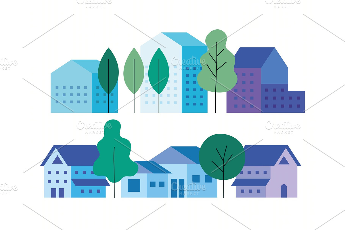 City buildings houses and trees set, an Illustration by studiogstock