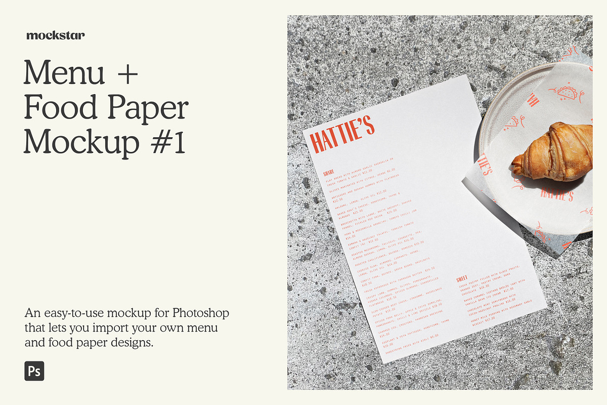 Menu + Food Paper Mockup #1, a Packaging Mockup by mockstar (Photo 1 of 6)