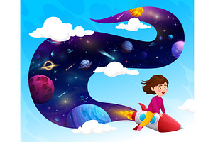 Cartoon Kid Girl Flying On Rocket