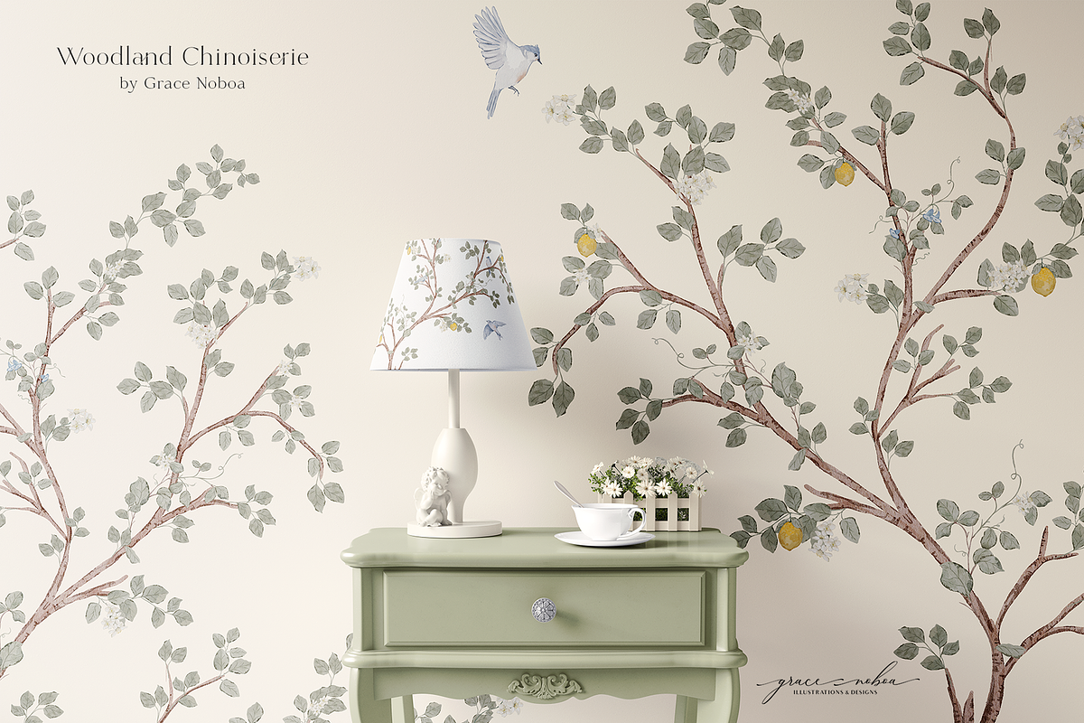Woodland Chinoiserie Pattern scene, a Wallpaper Graphic by Grace Noboa Illustrations (Photo 4 of 14)