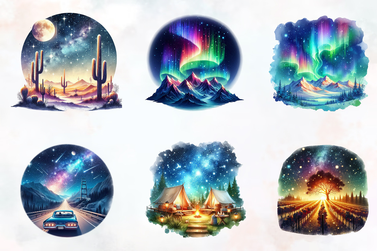 Night Scenery Watercolor Clipart, an Illustration by RobertsArt (Photo 2 of 7)