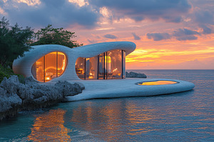 Modern coastal house on rocky shorel, a Photo by Tanuart