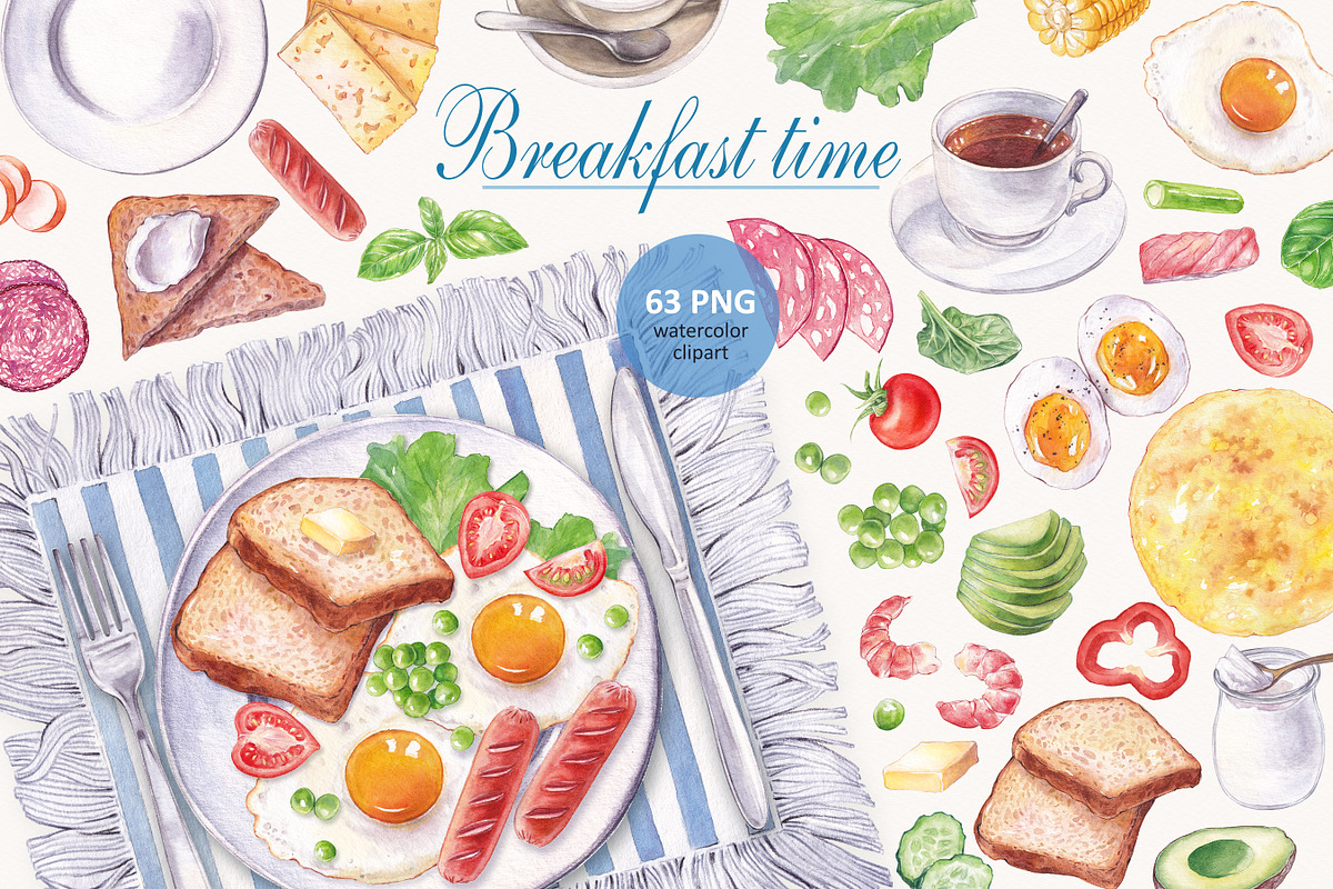 Watercolor Breakfast Clipart, a Food Illustration by Blowballmay (Photo 1 of 4)