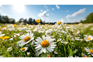Vibrant daisy field blooming under a, a Nature Photo by Lermont51