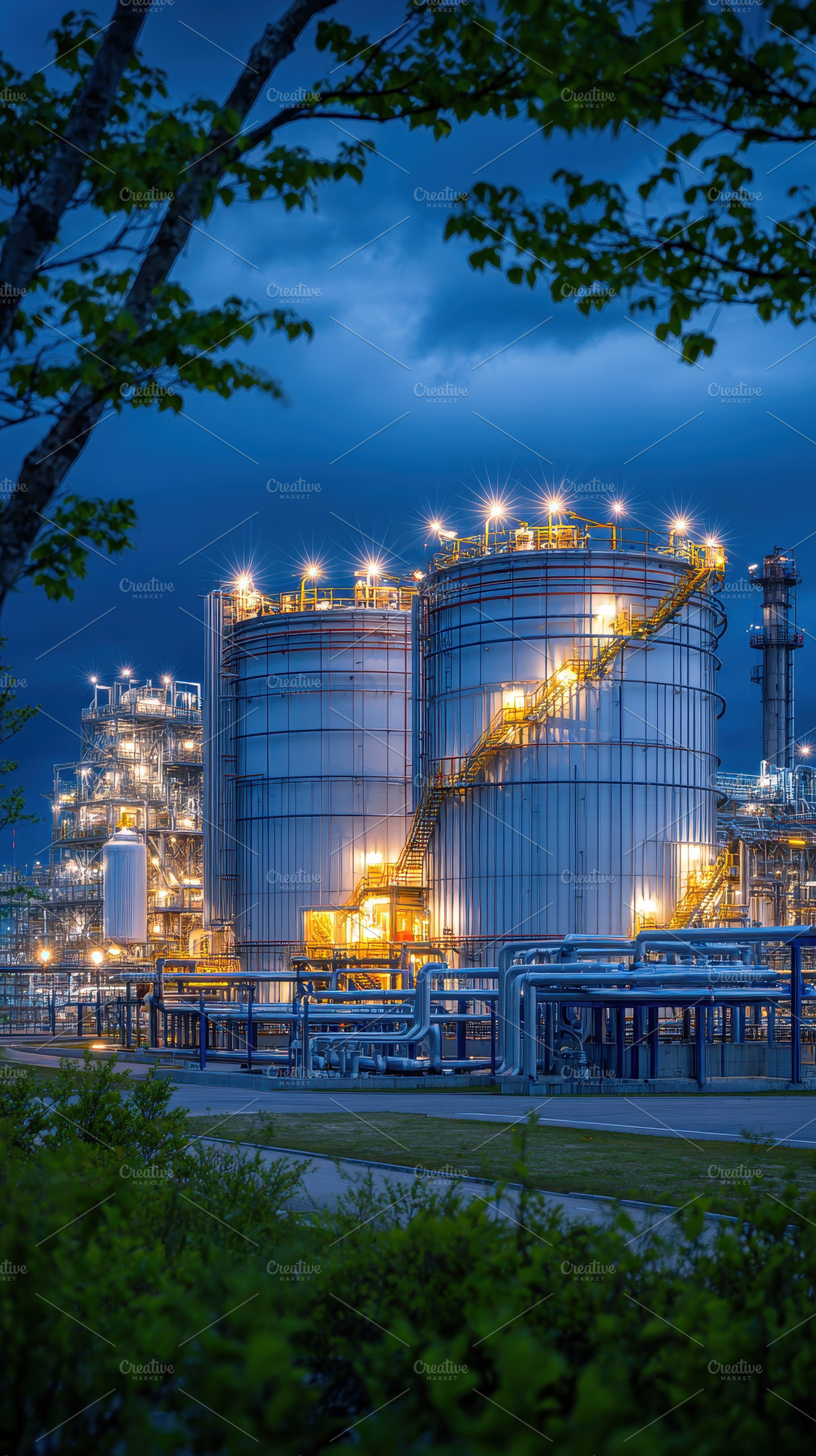 Illuminated Industrial Storage Tanks, a Photo by Pixeness Studio