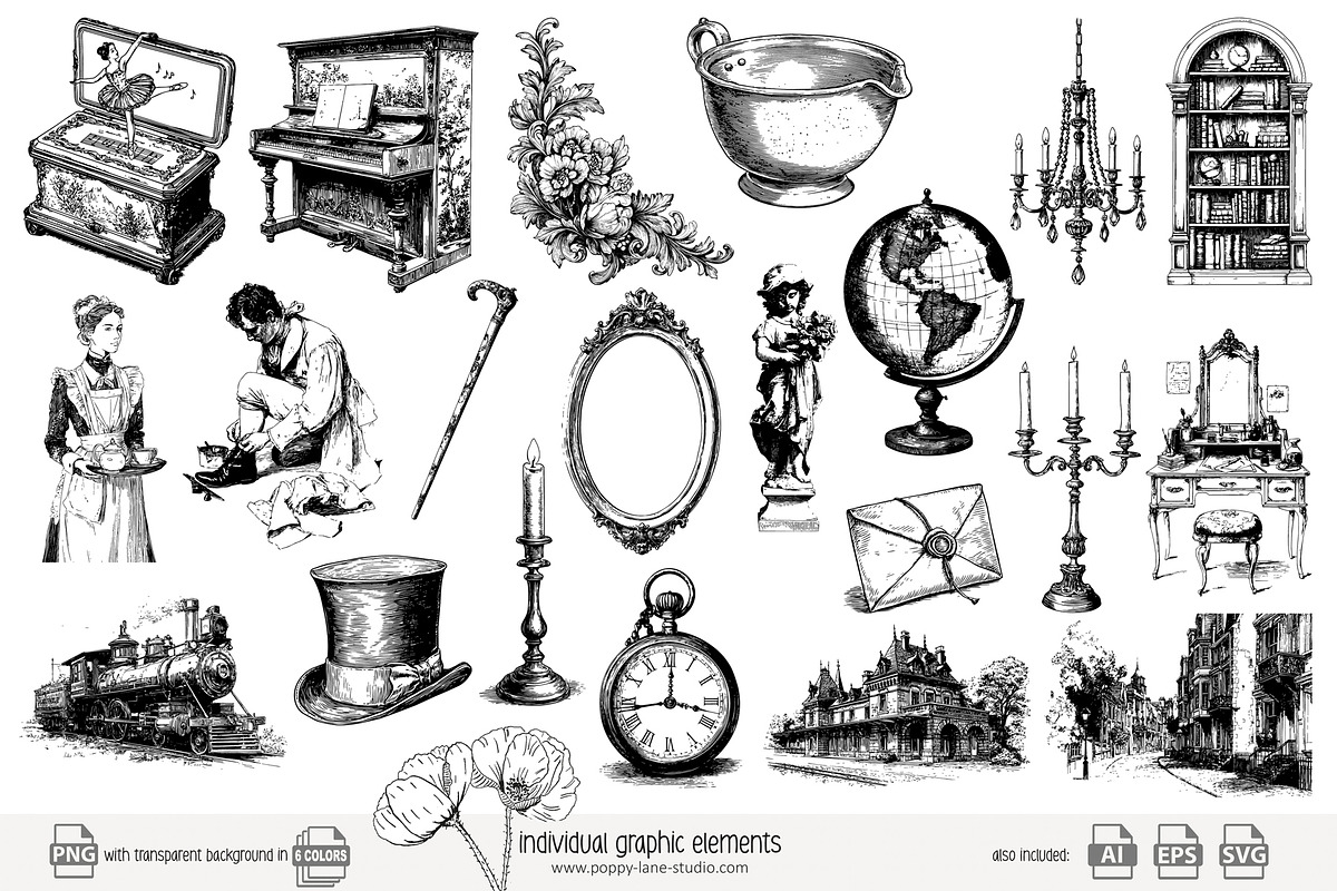 100 line art Victorian Era clip art, an Object Illustration by Poppy Lane Studio (Photo 3 of 13)
