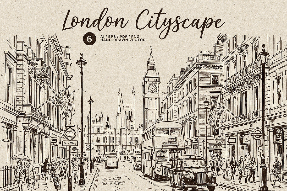 London Cityscape Hand-Drawn Vector, a Decorative Illustration by Alara Studio (Photo 1 of 8)