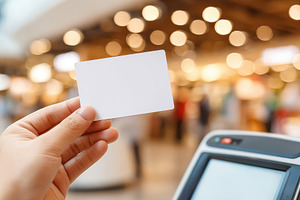 Holding a blank card near a payment terminal, a Business Photo by AlyaAnd