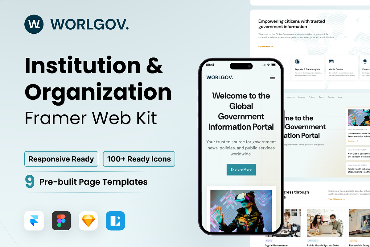 WorlGov - Organization Framer WebKit, a Landing Page Template by Agensip Design Agency (Photo 1 of 10)