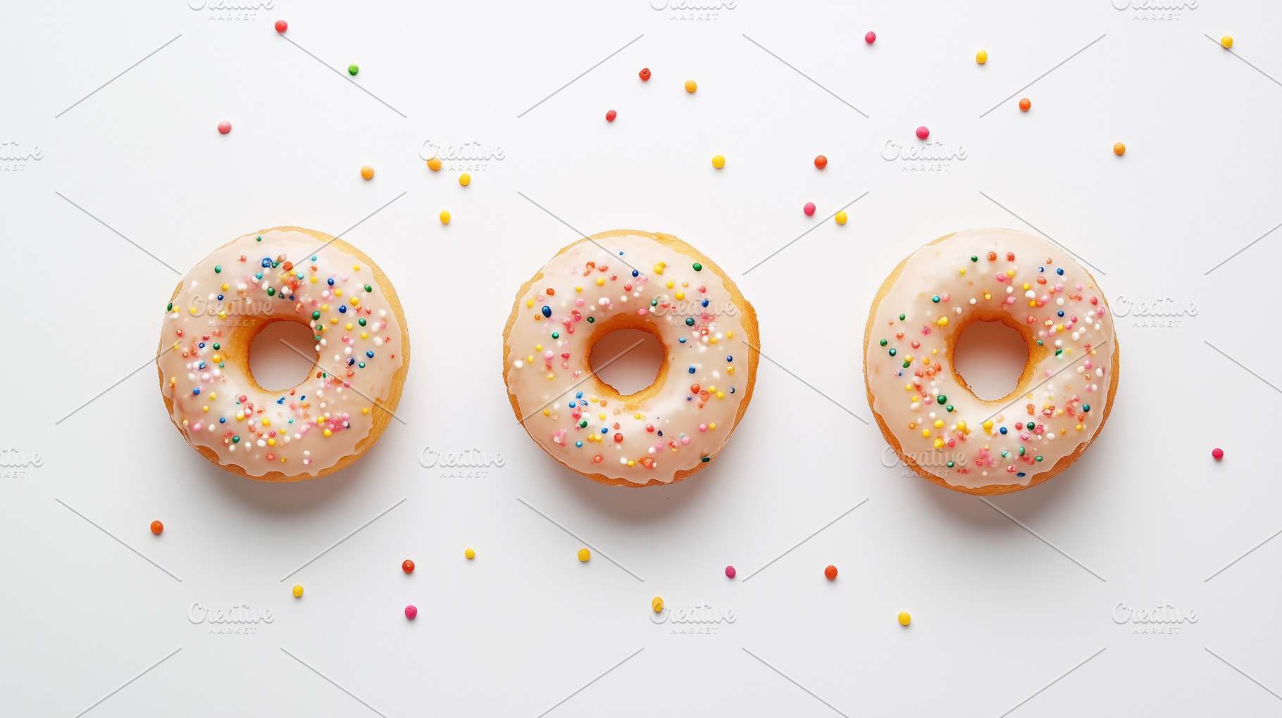 Three donuts with icing sprinkles, a Food & Drink Photo by MistyDay