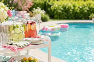 Summer pool party drinks setup near, a Photo by Dvoevnore photos