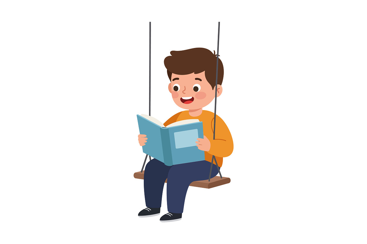 Happy boy sitting on a swing reading, an Illustration by designvectx