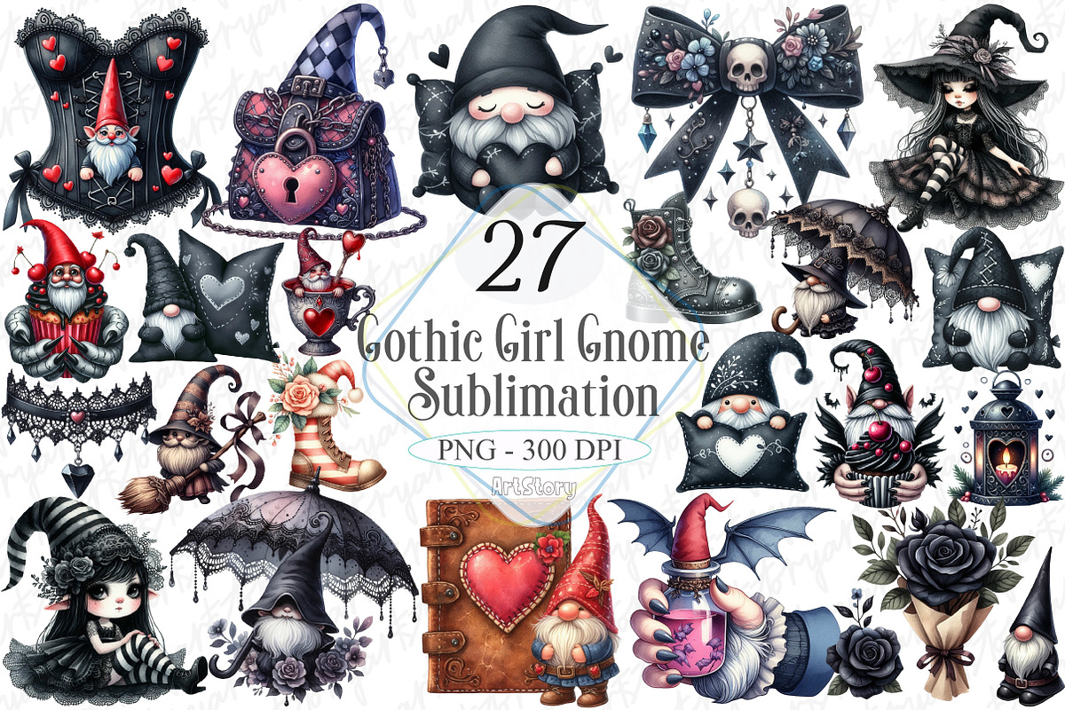 Gothic Girl Gnome Clipart Set, a Graphic by designcity5 (Photo 1 of 5)