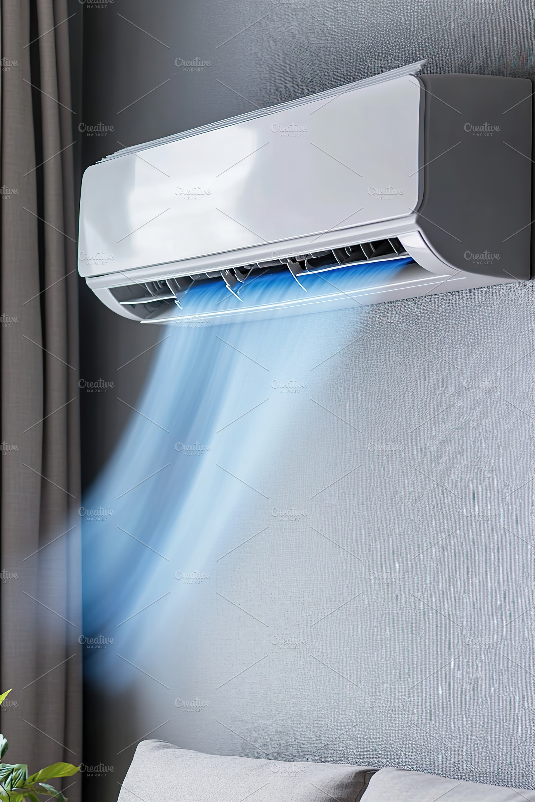 Air conditioner delivering cool air on a grey wall in a modern l, a Photo by AlyaAnd
