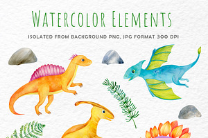 Watercolor Cute Dinosaurs Set