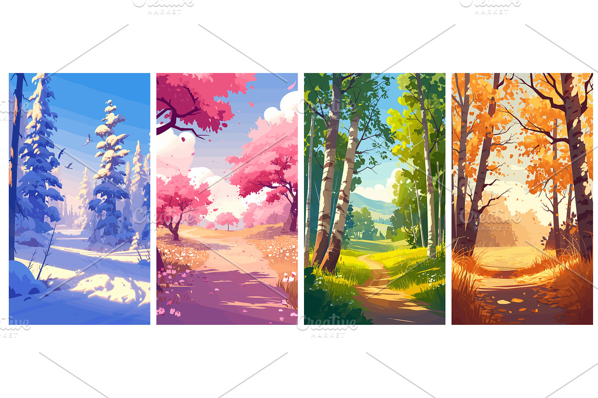 Cartoon four seasons forest. Spring, an Illustration by Stock-Smart-Start