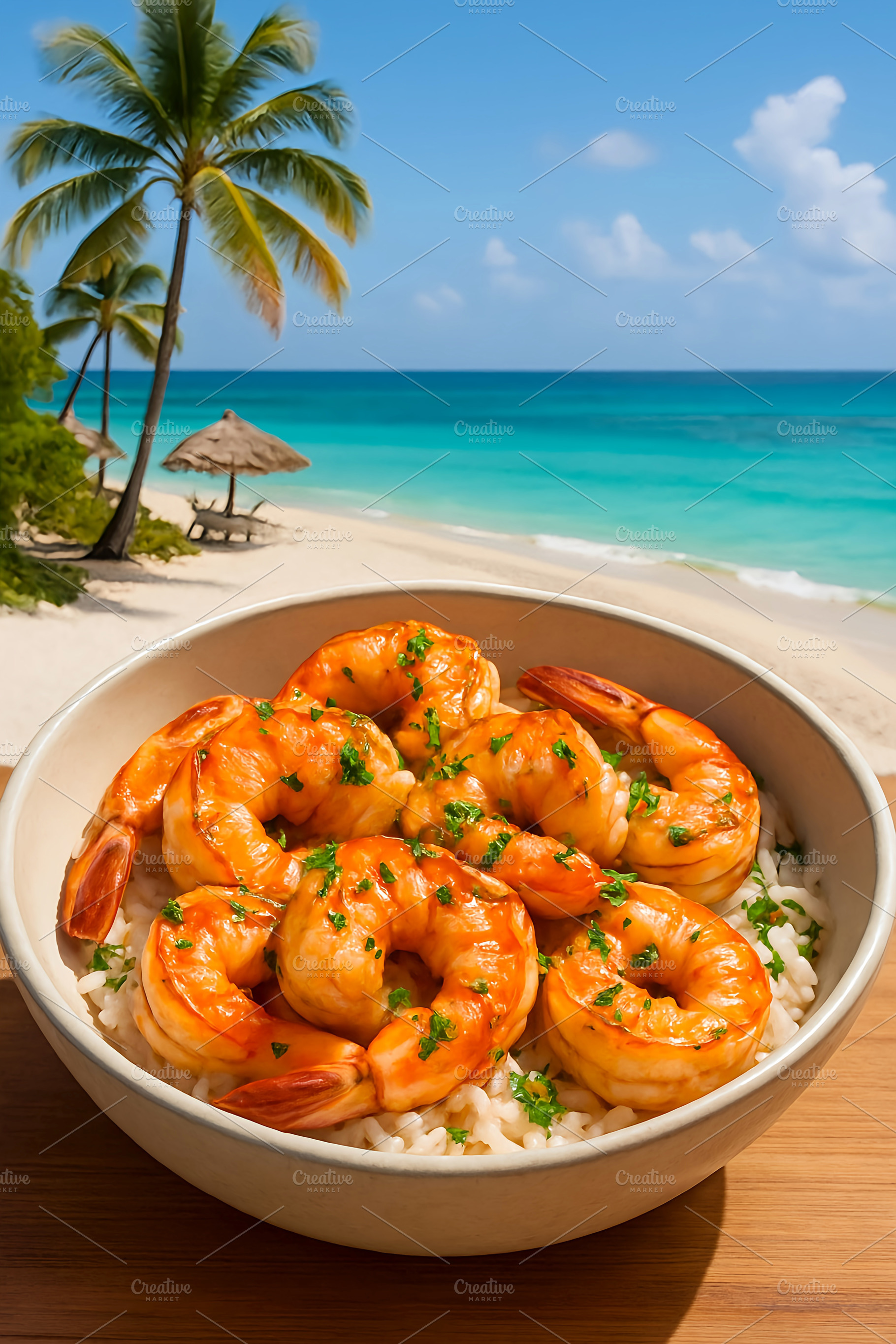 Grilled shrimp rice bowl sea view, a Food & Drink Photo by LiliGraphie