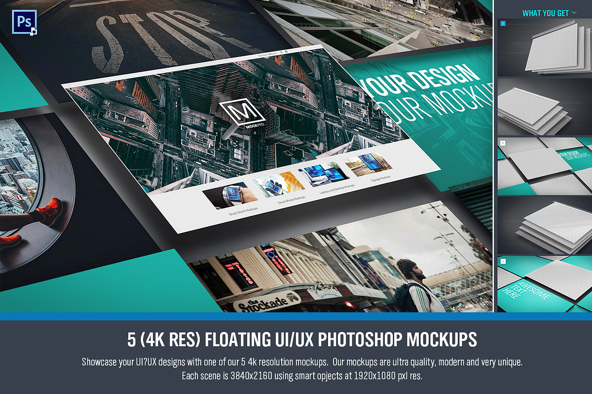 Floating UI/UX Photoshop Mockups (5, a Mockup by Shop Mockpro (Photo 1 of 13)