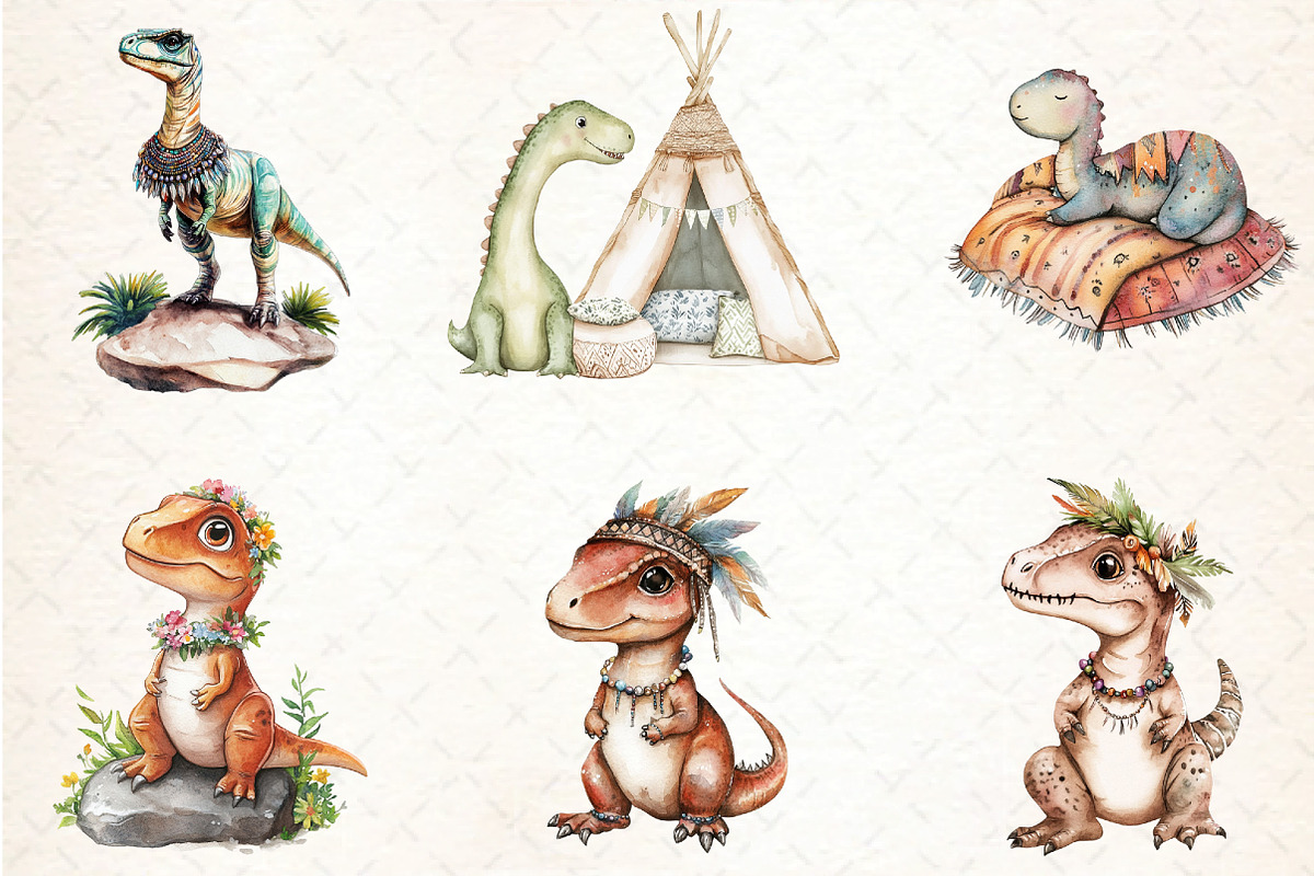 Watercolor Dinosaurs Boho Clipart, an Illustration by DreamCafeArt (Photo 2 of 5)